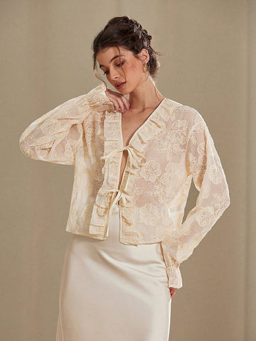 Aveloria Rosie V-Neck Ivory Tie-Up Bow Embroidered Ruffle Romantic French Style Women Blouse