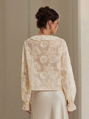 Aveloria Rosie V-Neck Ivory Tie-Up Bow Embroidered Ruffle Romantic French Style Women Blouse