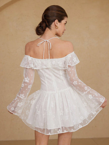 Aveloria Rosie White Mesh Floral Embroidered Off Shoulder Tie-Up Ruffle Hem Fitted Party Mini Dress, Romantic For New Year & Valentine's Day