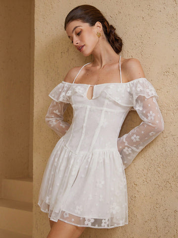 Aveloria Rosie White Mesh Floral Embroidered Off Shoulder Tie-Up Ruffle Hem Fitted Party Mini Dress, Romantic For New Year & Valentine's Day