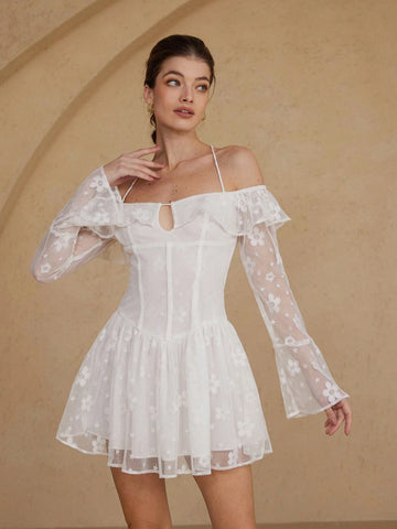 Aveloria Rosie White Mesh Floral Embroidered Off Shoulder Tie-Up Ruffle Hem Fitted Party Mini Dress, Romantic For New Year & Valentine's Day