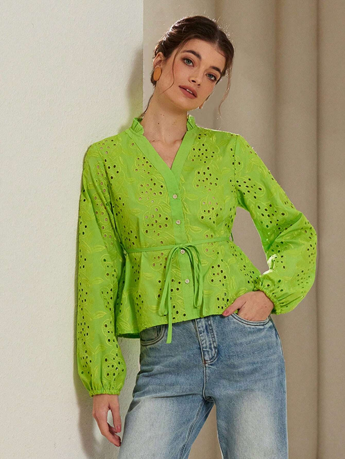 Rosie Women V-Neck Hollow Embroidered Lantern Sleeve Tie Hem Short Blouse