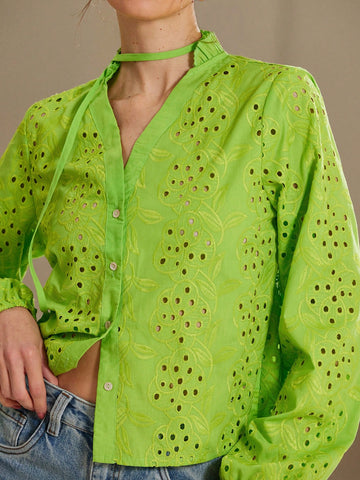 Rosie Women V-Neck Hollow Embroidered Lantern Sleeve Tie Hem Short Blouse