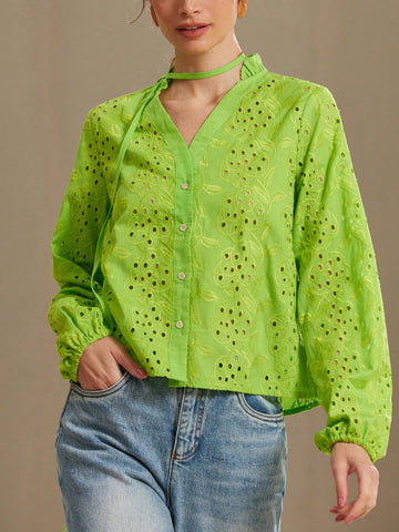Rosie Women V-Neck Hollow Embroidered Lantern Sleeve Tie Hem Short Blouse