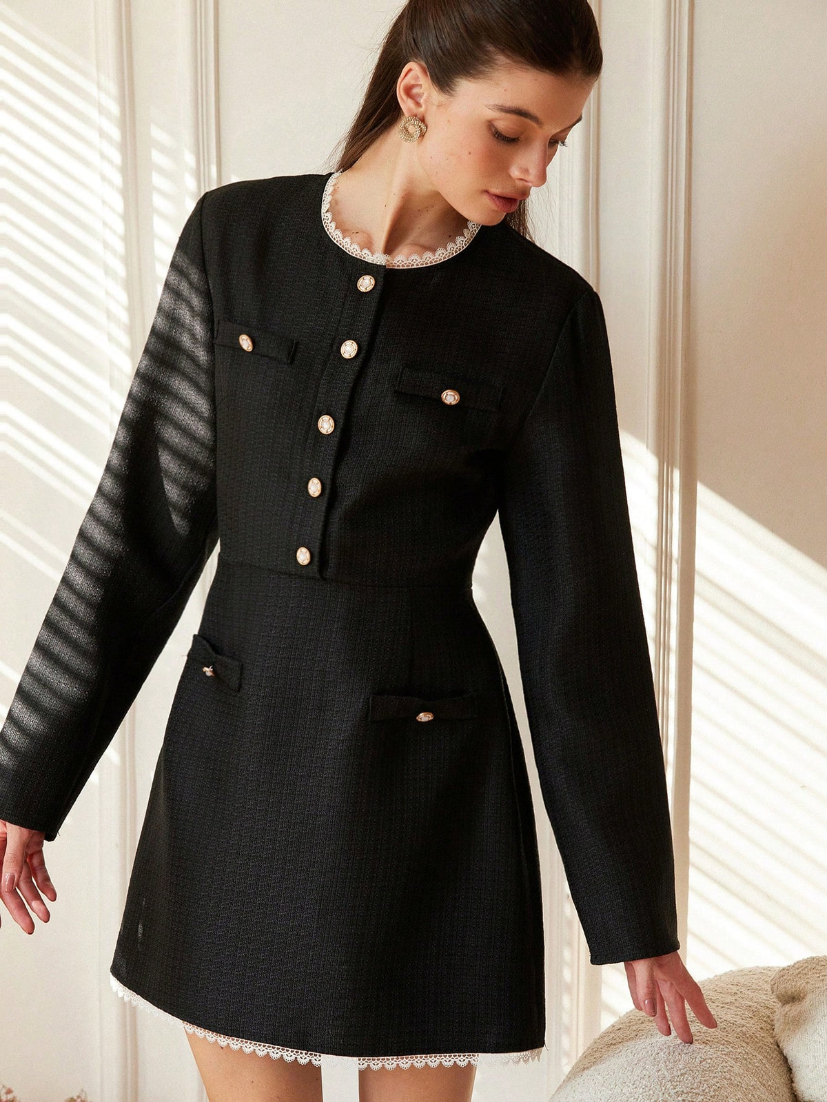 Aveloria Rosie Women's Commute Elegant Tweed & Contrast Lace Short Sleeve A-Line Short Dress