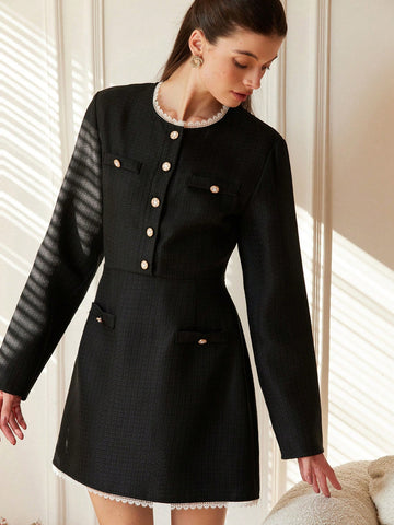 Aveloria Rosie Women's Commute Elegant Tweed & Contrast Lace Short Sleeve A-Line Short Dress