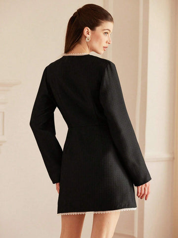 Aveloria Rosie Women's Commute Elegant Tweed & Contrast Lace Short Sleeve A-Line Short Dress