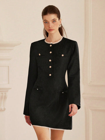 Aveloria Rosie Women's Commute Elegant Tweed & Contrast Lace Short Sleeve A-Line Short Dress