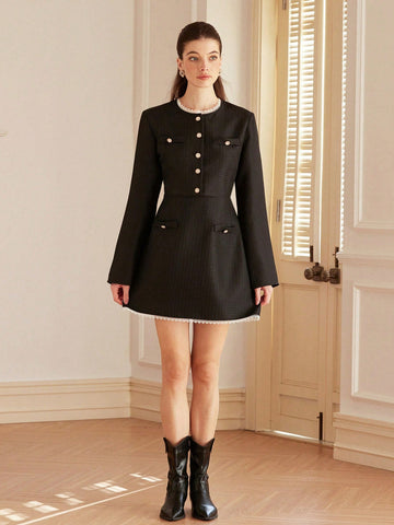 Aveloria Rosie Women's Commute Elegant Tweed & Contrast Lace Short Sleeve A-Line Short Dress