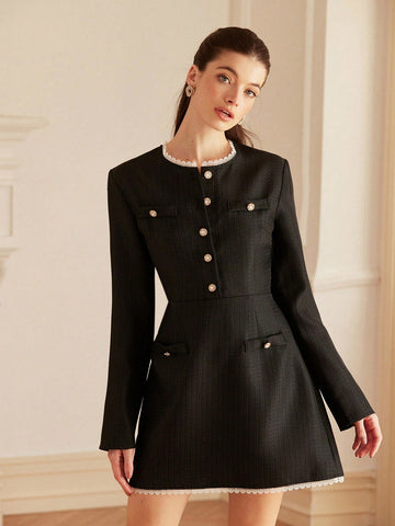 Aveloria Rosie Women's Commute Elegant Tweed & Contrast Lace Short Sleeve A-Line Short Dress