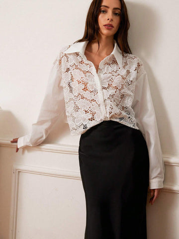 Women's Elegant Lace Trimmed Cropped Solid Color Long Sleeve Blouse