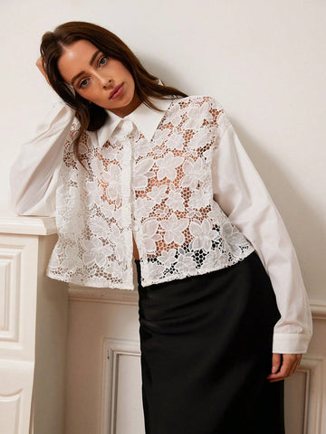 Women's Elegant Lace Trimmed Cropped Solid Color Long Sleeve Blouse