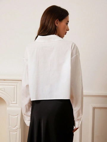 Women's Elegant Lace Trimmed Cropped Solid Color Long Sleeve Blouse