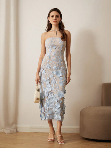 Aveloria Rosie Women's Embroidered 3D Floral Bandeau Midi Dress, For Party/Date