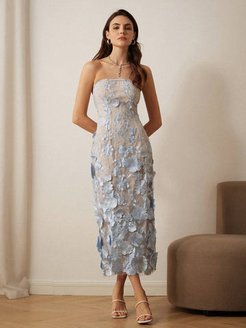 Aveloria Rosie Women's Embroidered 3D Floral Bandeau Midi Dress, For Party/Date