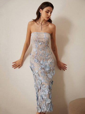 Aveloria Rosie Women's Embroidered 3D Floral Bandeau Midi Dress, For Party/Date