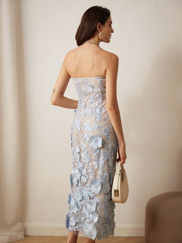 Aveloria Rosie Women's Embroidered 3D Floral Bandeau Midi Dress, For Party/Date