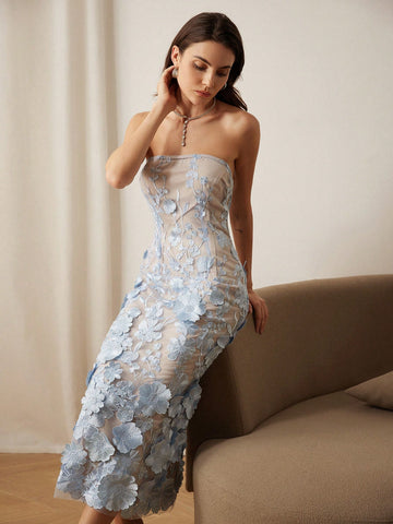 Aveloria Rosie Women's Embroidered 3D Floral Bandeau Midi Dress, For Party/Date