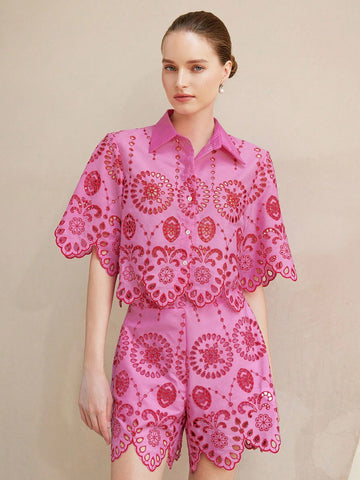 Aveloria Rosie Women's Red And Pink Floral Embroidered Collared Button-Up Short Sleeve Casual Vacation Blouse