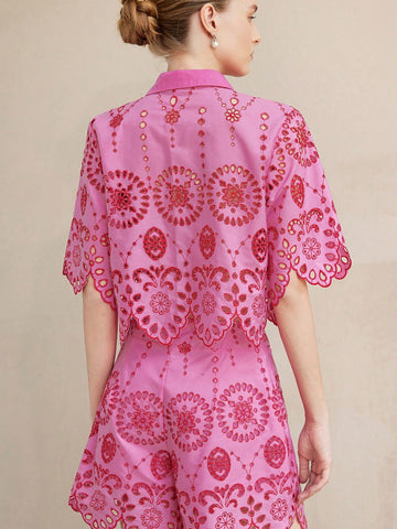 Aveloria Rosie Women's Red And Pink Floral Embroidered Collared Button-Up Short Sleeve Casual Vacation Blouse