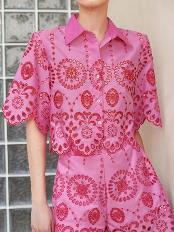 Aveloria Rosie Women's Red And Pink Floral Embroidered Collared Button-Up Short Sleeve Casual Vacation Blouse