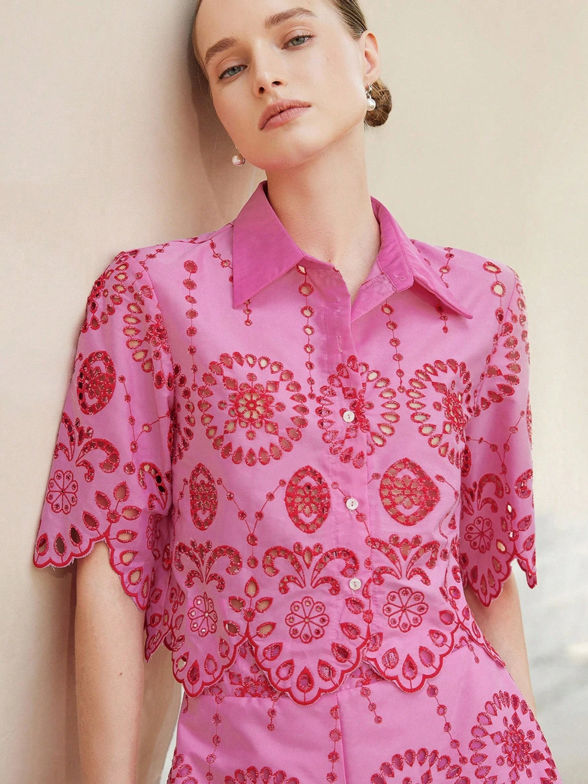 Aveloria Rosie Women's Red And Pink Floral Embroidered Collared Button-Up Short Sleeve Casual Vacation Blouse