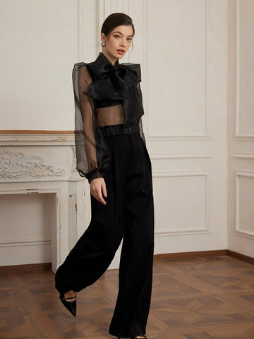 Aveloria Rosie Women's Romantic French Style Organza Sheer Sexy Tied Bow Puff Sleeve Blouse Top