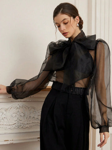 Aveloria Rosie Women's Romantic French Style Organza Sheer Sexy Tied Bow Puff Sleeve Blouse Top