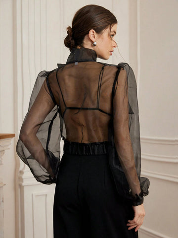 Aveloria Rosie Women's Romantic French Style Organza Sheer Sexy Tied Bow Puff Sleeve Blouse Top