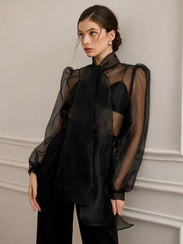 Aveloria Rosie Women's Romantic French Style Organza Sheer Sexy Tied Bow Puff Sleeve Blouse Top