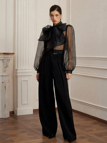 Aveloria Rosie Women's Romantic French Style Organza Sheer Sexy Tied Bow Puff Sleeve Blouse Top