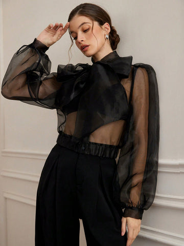 Aveloria Rosie Women's Romantic French Style Organza Sheer Sexy Tied Bow Puff Sleeve Blouse Top