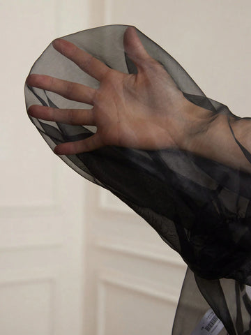 Aveloria Rosie Women's Romantic French Style Organza Sheer Sexy Tied Bow Puff Sleeve Blouse Top