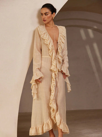 Aveloria Rosie Women's Stylish Ruffle V-Neck Long Sleeve Dress, Romantic Italian Vibe