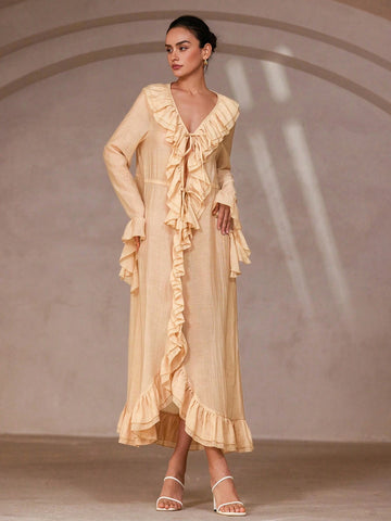 Aveloria Rosie Women's Stylish Ruffle V-Neck Long Sleeve Dress, Romantic Italian Vibe