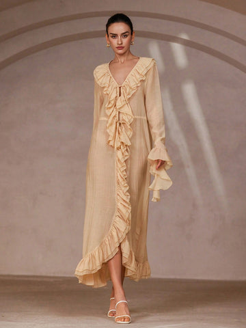 Aveloria Rosie Women's Stylish Ruffle V-Neck Long Sleeve Dress, Romantic Italian Vibe