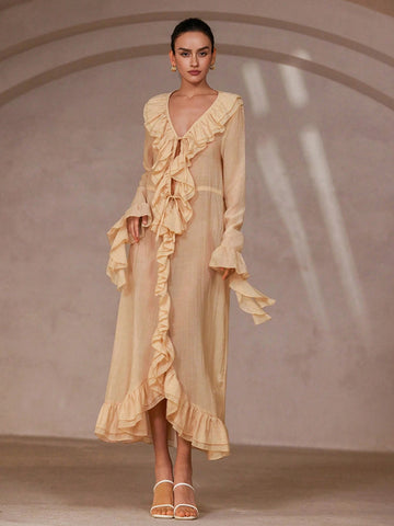 Aveloria Rosie Women's Stylish Ruffle V-Neck Long Sleeve Dress, Romantic Italian Vibe