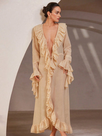 Aveloria Rosie Women's Stylish Ruffle V-Neck Long Sleeve Dress, Romantic Italian Vibe