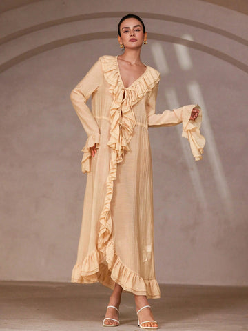 Aveloria Rosie Women's Stylish Ruffle V-Neck Long Sleeve Dress, Romantic Italian Vibe