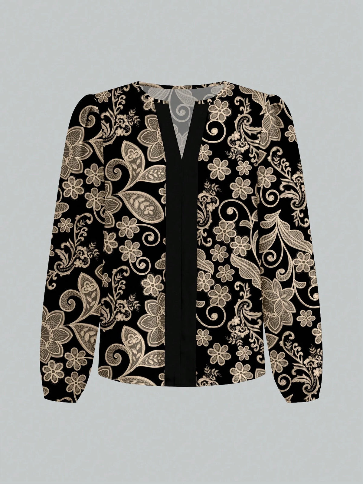 Black Paisley Flower Casual Minimalist Design Women's Shirt, Elegant & Chic Winter Clothing