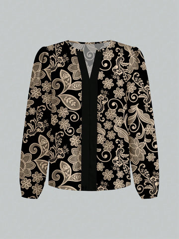 Black Paisley Flower Casual Minimalist Design Women's Shirt, Elegant & Chic Winter Clothing