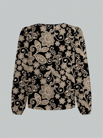 Black Paisley Flower Casual Minimalist Design Women's Shirt, Elegant & Chic Winter Clothing