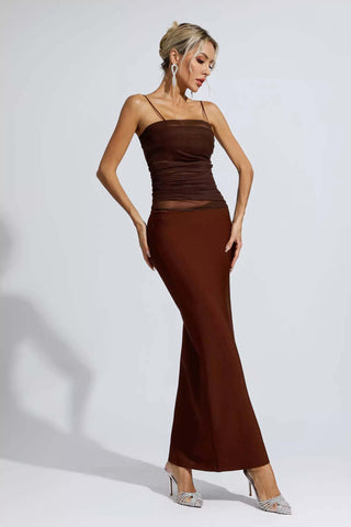 Azalea Brown Mesh Bandage Maxi Dress