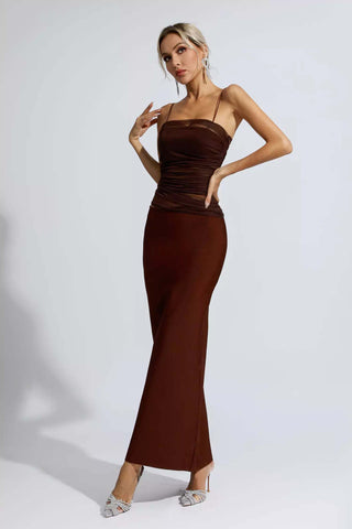 Azalea Brown Mesh Bandage Maxi Dress