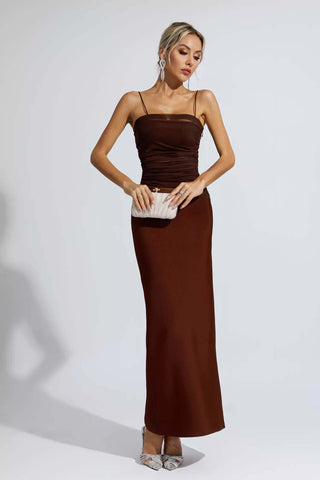 Azalea Brown Mesh Bandage Maxi Dress