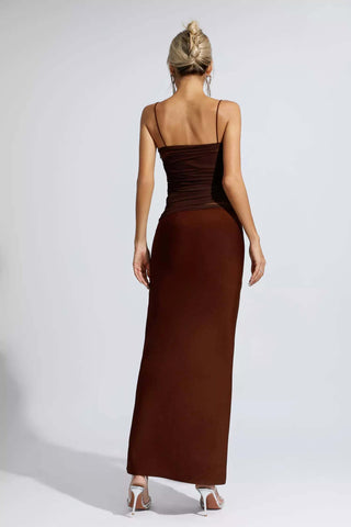 Azalea Brown Mesh Bandage Maxi Dress