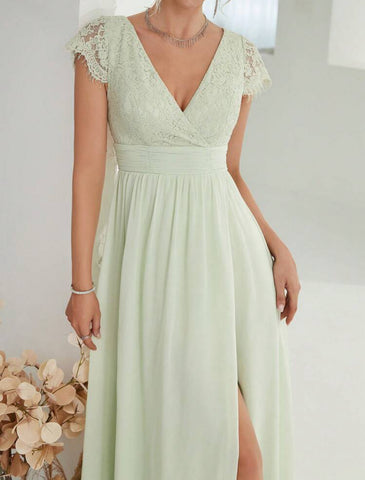 Contrast Lace Wrap Hem Chiffon Bridesmaid Dress