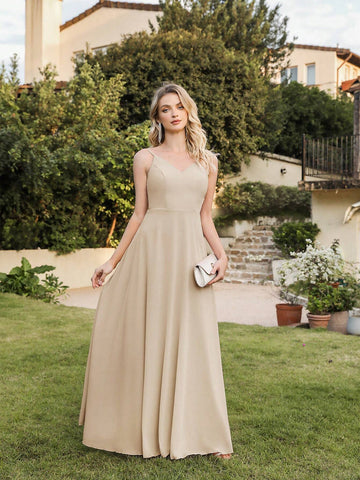 BABYONLINE D.R.E.S.S. Bridesmaid Dress With V-Neck Back Lace A-Line Waist-Defining Straps