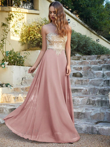 BABYONLINE D.R.E.S.S. Contrast Mesh Appliques Chiffon Bridesmaid Dress