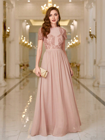 BABYONLINE D.R.E.S.S. Round-Neck Slim-Fit Lace Inserted High Waist Bridesmaid Dress